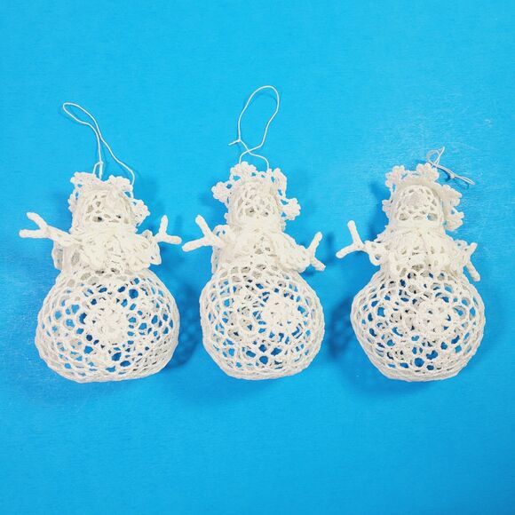 Crochet Snowman Ornament Set Of Three White Starched Glitter Sparkle 6” - Picture 1 of 6